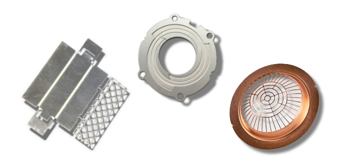 Etched RF shield, flat spring, and copper control grid